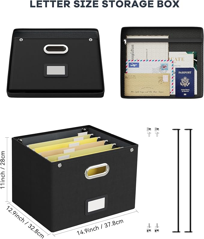 File Organizer Box with Lid, Large Hanging Filing Box with Mesh Pocket - Image 2