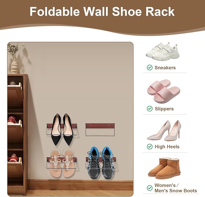 2-Pack Wall Mounted Shoe Rack, Wooden & Metal Foldable Shoe Rack - Image 5