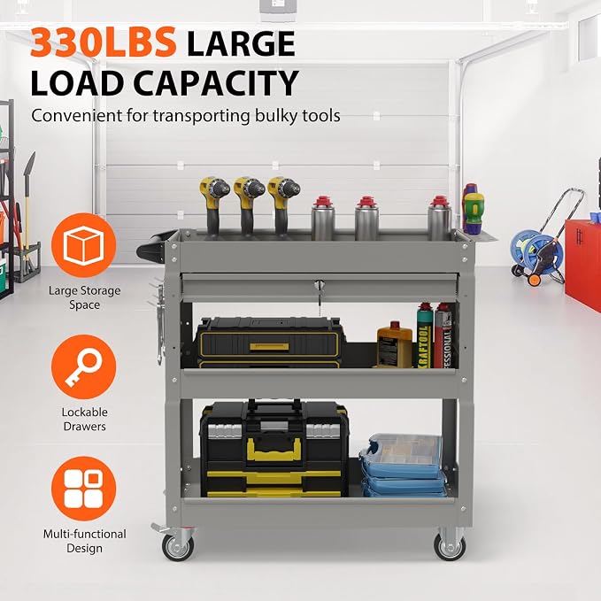3 Tier Rolling Tool Cart with Drawers, Heavy Duty Utility Cart on Wheels - Image 2