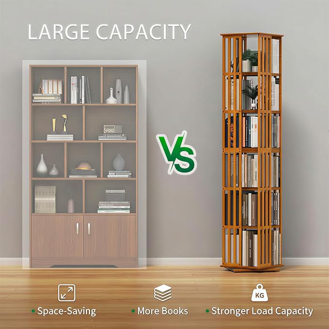 Lauxery 6-Tier Bamboo Rotating Bookshelf Tower, 74.8 in | Easy Assembly - Image 3