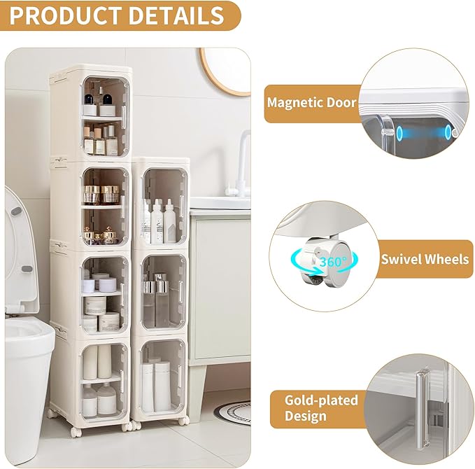 4-Tier Slim Tall Narrow Bathroom Storage Cabinet, Cream White - Image 4
