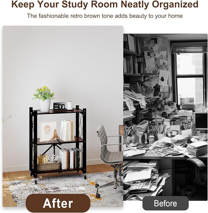3 Tier Folding Shelf with Wheels, Wood and Metal Bookshelf | No Assembly - Image 5