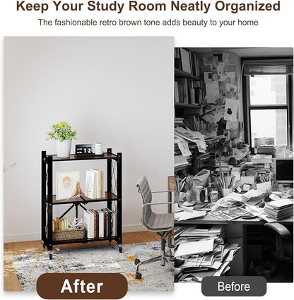 3 Tier Folding Shelf with Wheels, Wood and Metal Bookshelf | No Assembly - Image 5