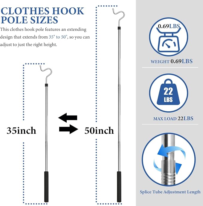 Clothes Hook Pole, Clothes Hanger Reaching Hook - Image 2