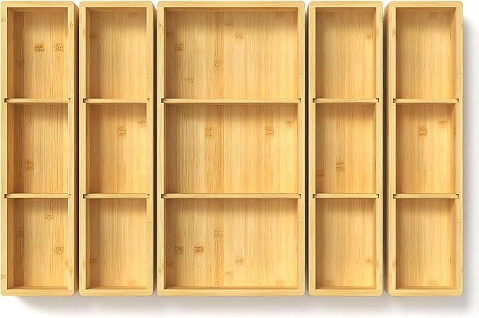 DUJEN 5 pieces Bamboo Drawer Organizer, Adjustable 3 Individual Junk Drawer by DUJEN