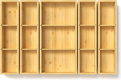DUJEN 5 pieces Bamboo Drawer Organizer, Adjustable 3 Individual Junk Drawer by DUJEN