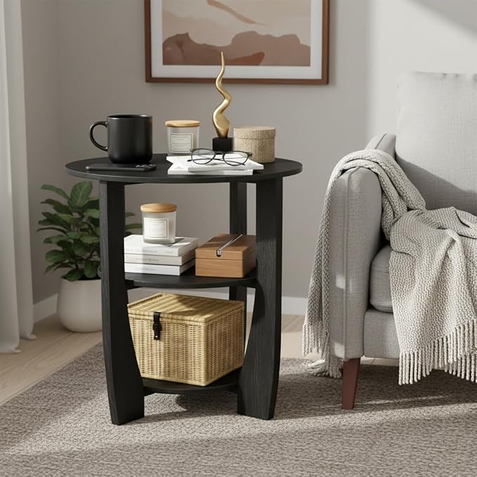 Round End Table with Storage Shelf, 3 Tier Modern Side Table, Sofa Recliner - Image 7