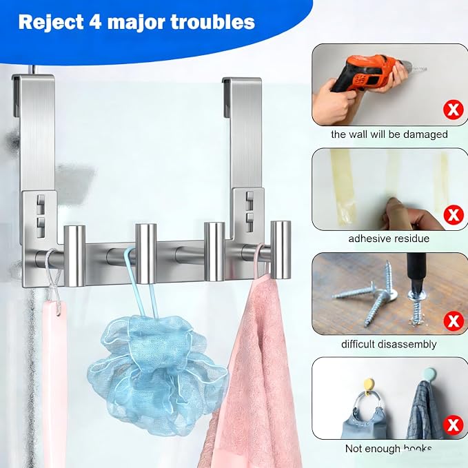PMMASTO No-Drill Extra Long Shower Hooks, Fits 3/8" Thick Door, Heavy Duty - Image 3