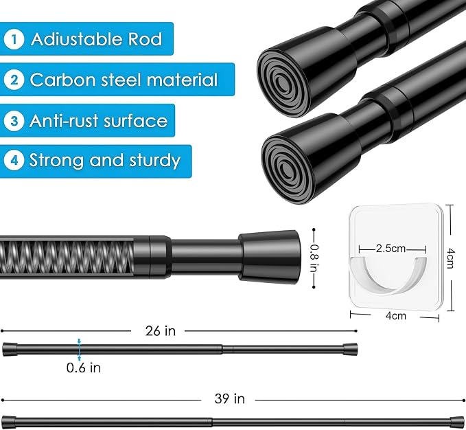 MEXAU 1Pack Spring Tension Curtain Rod 26-39 inch Black Small Tension Rod | - Image 2