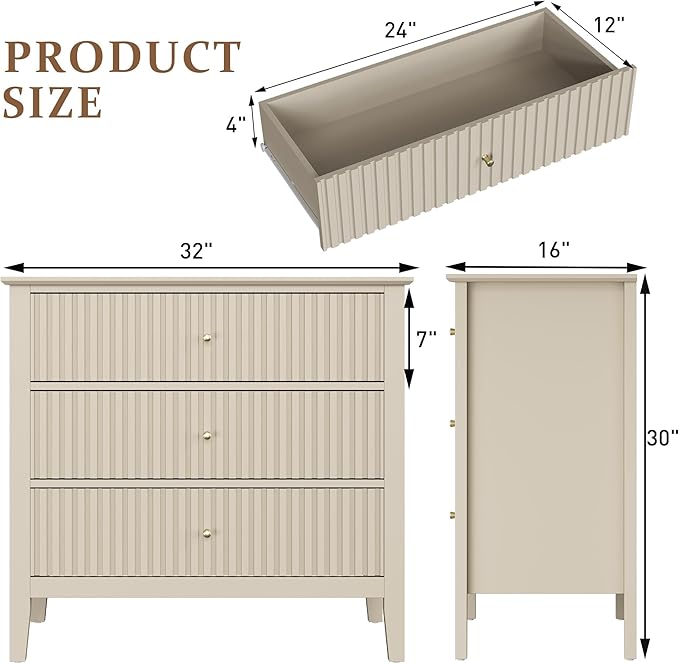 RoyalCraft Large 3 Drawer Dresser Set of 2, Fluted Wood Drawers - Image 2