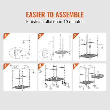 VEVOR Kitchen Utility Cart, 36.6"x20"x24" 3 Tiers Wire Rolling Cart, 470LBS - Image 6