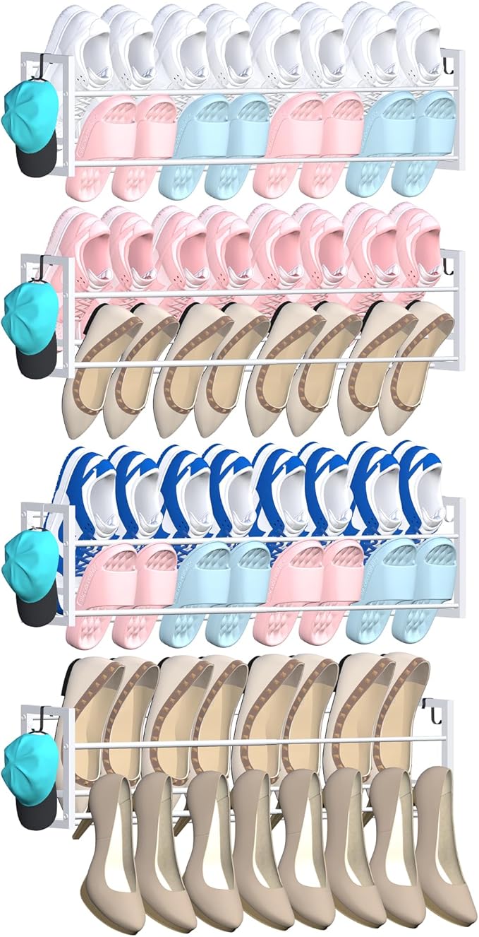 4 Pack Wall Mounted Shoe Rack for Narrow Spaces, Hanging Shoe Rack Holds 32 by HomeOrganizerandStorage
