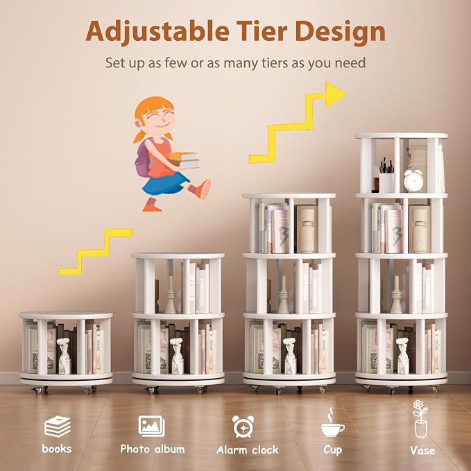 Solid Wood Rotating Bookshelf on Wheels, 4 Tier, Round Revolving Bookcase - Image 7