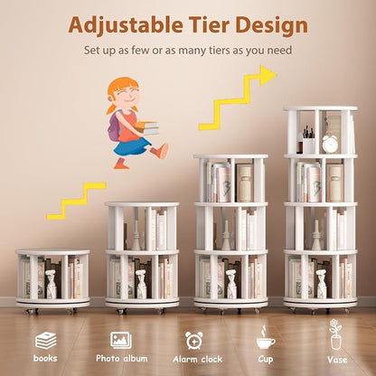 Solid Wood Rotating Bookshelf on Wheels, 4 Tier, Round Revolving Bookcase - Image 7