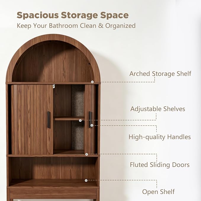 Arched Over The Toilet Storage Cabinet, Walnut Freestanding Bathroom Organizer - Image 4