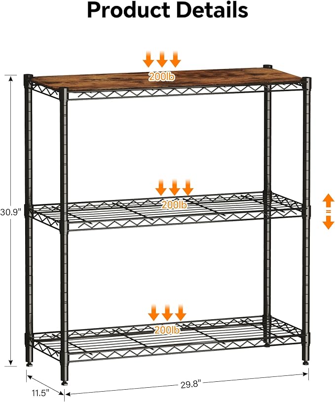 Homeiju 3-Tier Storage Rack, 29.8" Wide Heavy Duty Metal Shelving Unit - Image 3