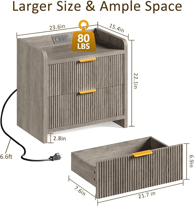 Fluted Nightstand with Charging Station, 23.6" Modern Night Stand with 2 Drawers - Image 3