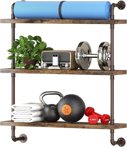 Helsin 3 Tier Industrial Pipe Shelf Rustic Wood Floating Wall Display Bookshelf by Helsin