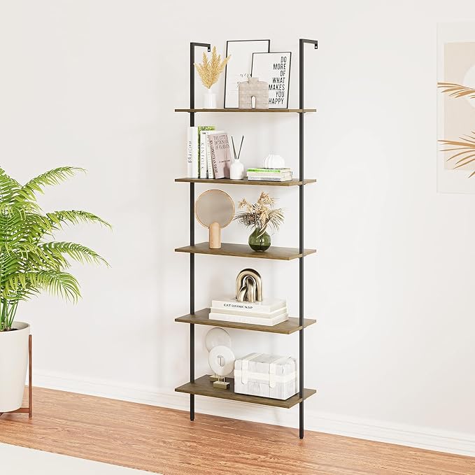 5 Tiers Ladder Shelf Brown Modern Bookshelf Open Tall Wall Mount Bookcase - Image 2