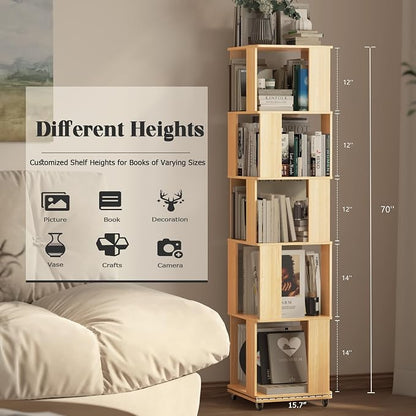 68-Inch 5 Tier Solid Wood Rotating Bookshelf Tower on Wheels, 360° Upgrade - Image 2