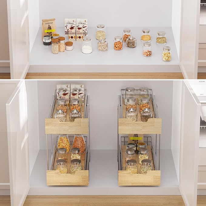 Pull Out Cabinet Organizer, Heavy-Duty Slide Out Shelf, Wood and Wire Basket - Image 6