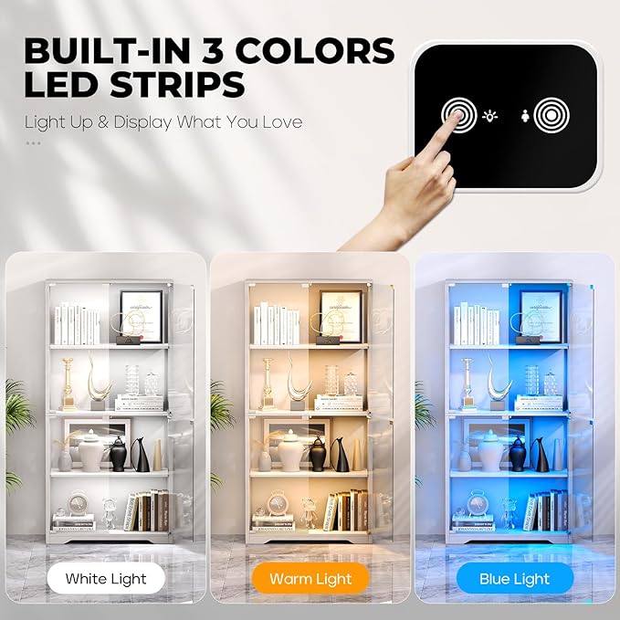 Display Cabinet with Glass Doors, 4-Tier Curio Cabinet with 3 Color Lights - Image 6
