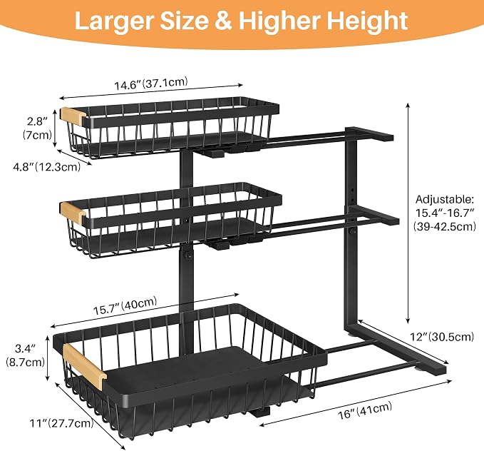 PXRACK Under Sink Organizer, 3-Tier 2-Pack Adjustable Height Pull Out Under - Image 7