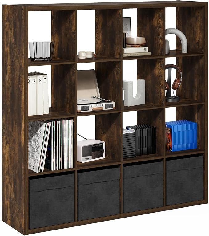 Furinno Cubicle 16-Cube Book Shelf, Extra Thick Frame Bookshelf, Amber Pine | by Furinno-FitsYourSpaceFitsYourBudget