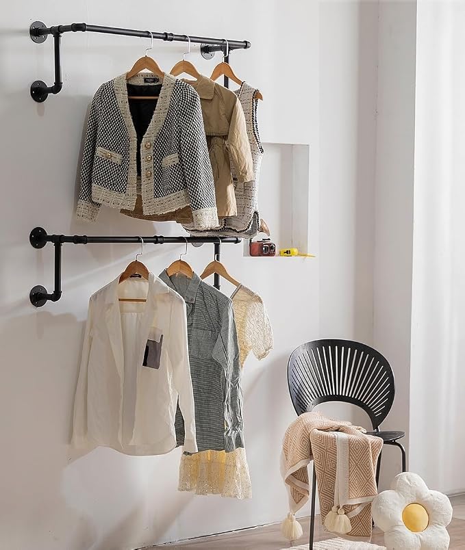 Clothes Rack, Industrial Wall Pipe Clothing Rack - Image 2