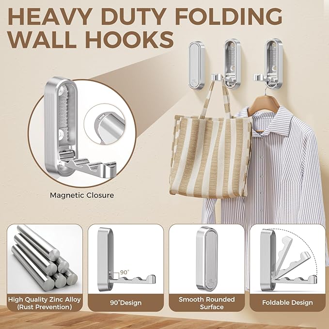 4-Pack Heavy Duty Zinc Alloy Folding Wall Hooks - Image 2
