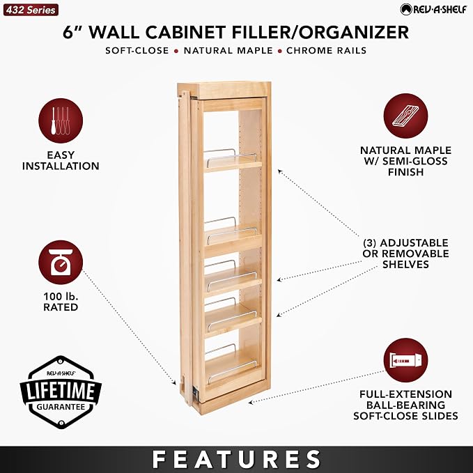 Rev-A-Shelf Kitchen Cabinet Pullout Wall Filler Wooden Organizer Slide Out - Image 4