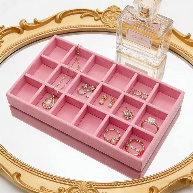 Velvet Jewelry Organizer Trays Pink 18 Grids | Stackable Jewelry Storage - Image 4