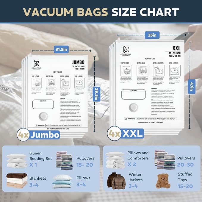 8 Pack Vacuum Storage Bags – 4 XXL & 4 Jumbo Vacuum Seal Bags - Image 2
