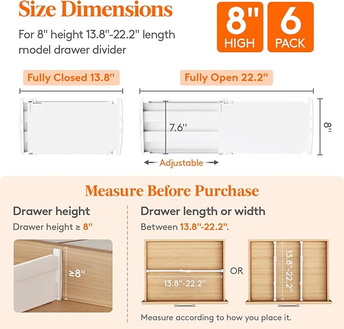 Lifewit 8" High 6 Pack Deep Drawer Dividers, 13.8-22.5" Adjustable Dresser - Image 3