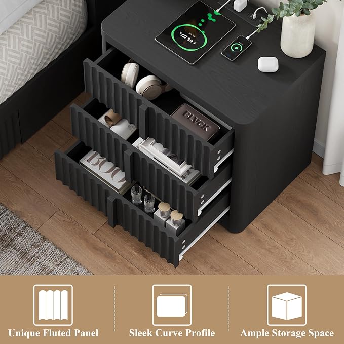 Fluted Nightstand with Charging Station, 23.6" Night Stand with Solid Wood - Image 5