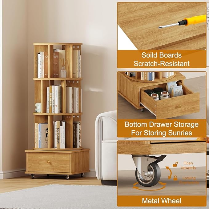 Rotating Bookshelf with Drawers on Lockable Wheels Wood Oak | 4 Tier Spinning - Image 5