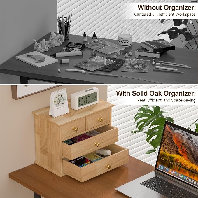 Oak Desk Organizer with Drawers, Durable Wooden Desktop Storage Box | 4 Drawer - Image 5