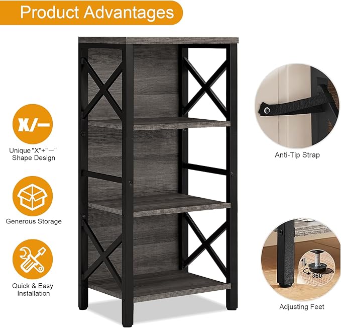Small Bookshelf, 4 Tier Industrial Bookcase - Image 6