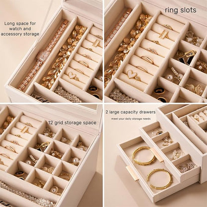 Jewelry Box Organizer with Glass Lid, 3-Layer Jewelry Storage, with 2 Drawers - Image 4