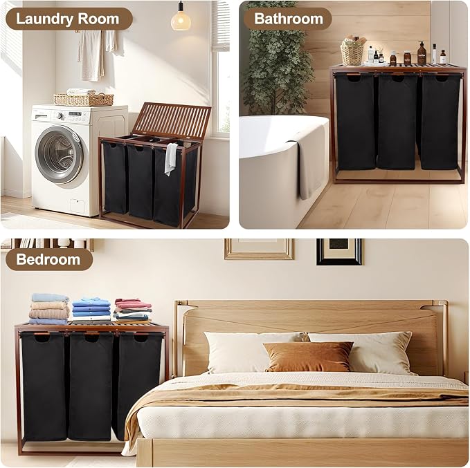 Bamboo Laundry Hamper 3 Section - Image 9