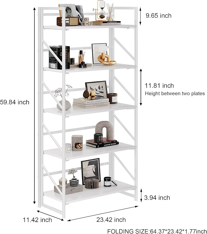 JSB No Assembly Folding Bookshelf, 5 Tier Industrial Metal Book Shelf - Image 3