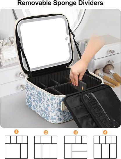 Relavel Travel Makeup Bag with LED Mirror, Floral Train Case with Dividers | - Image 4
