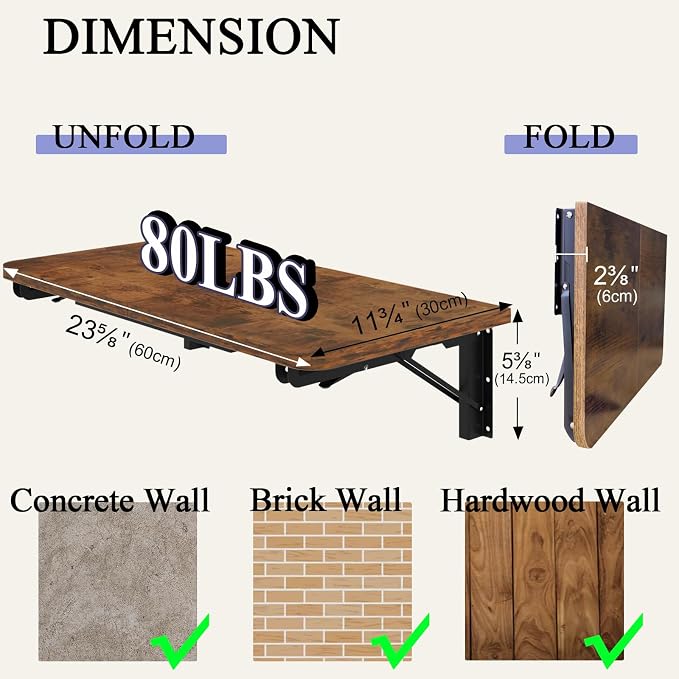 TEAMIX Wall Mounted Folding Table, Rustic Brown Floating Wall Desk - Image 5