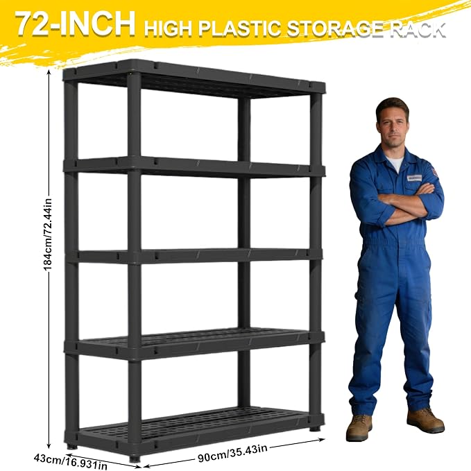 72”H Plastic Garage Storage Shelves, 5-Tier Heavy Duty Plastic Shelving - Image 3