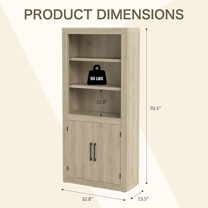 Standard Bookcase with Doors, Bookshelves Floor Standing 5 Tier Adjustable - Image 3