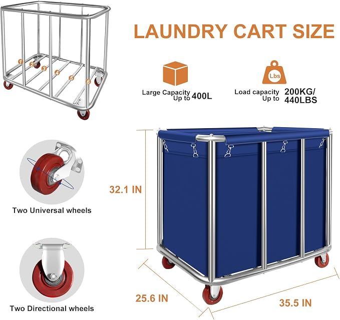 Commercial Laundry Cart with Wheels 11.35 Bushel Industrial Laundry Carts - Image 5