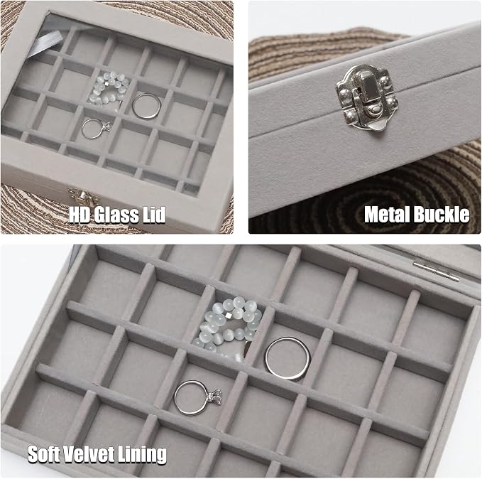 Small Velvet Jewelry Tray with Clear Lid, 24 Grids Gray | Lockable Ring Earring - Image 3