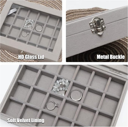 Small Velvet Jewelry Tray with Clear Lid, 24 Grids Gray | Lockable Ring Earring - Image 3