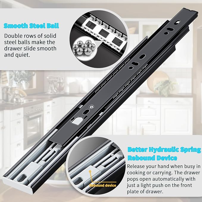 YENUO Push to Open Drawer Slides Full Extension 12–24 Inch 100 LB | Side Mount - Image 3