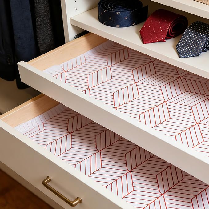Red Geometric Pattern Shelf Liner, Non-Adhesive Non-Slip Thickened Drawer Liner - Image 3